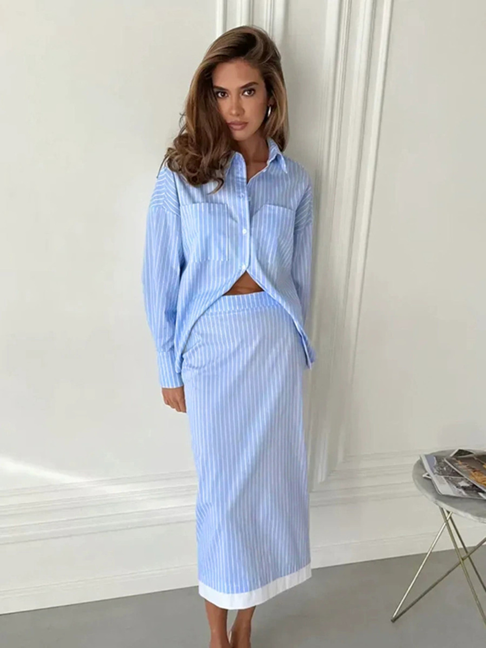 Forever 21 Striped Skirt Set Fall Work Blue Blouse Midi Skirt 2 Piece